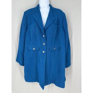 Chicos Jacket Coat Womens XL 3 Blue Peacoat Tweed Long Office Gold Button